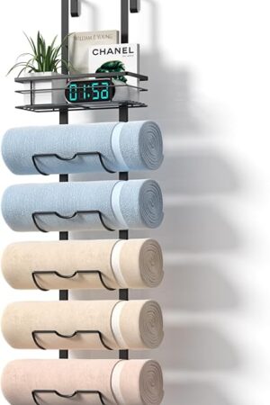 6-Tier Over The Door Towel Rack,Towel Racks for Bathroom, Metal Towel Holder with Storage Basket,Towel Storage for Small Bathroom,Towel Rack for Rolled Towels,Black, TM-6B