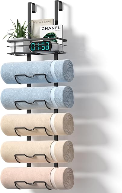 6-Tier Over The Door Towel Rack,Towel Racks for Bathroom, Metal Towel Holder with Storage Basket,Towel Storage for Small Bathroom,Towel Rack for Rolled Towels,Black, TM-6B