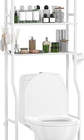3-Tier Over The Toilet Storage with Paper Holder, Metal Bathroom Organizers and Storage for Small Space, Freestanding Bathroom Shelves with 4 Hooks, Above The Toilet Storage Shelf, White