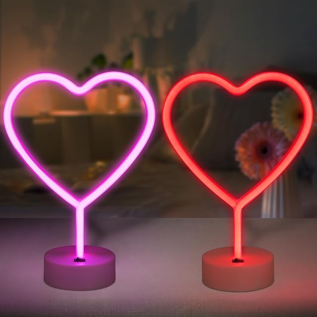 BRIGHTDECK 2 Pack Heart Neon Signs, LED Pink Lights Battery Operated or USB Powered Decoration Lamp, Neon Lights Heart Decor for Valentine's Day Gifts, Wedding, Party, Pink Room Decor