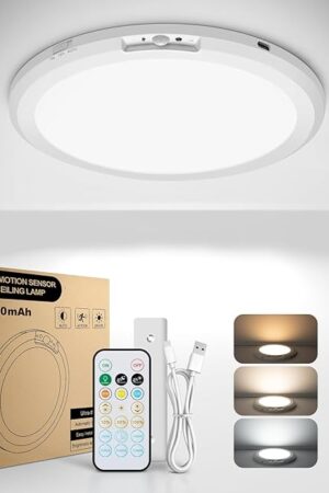 10,000mAh Rechargeable Ceiling Light with Remote, Wireless Waterproof Shower Lights 3000K/4000K/6000K, Battery Powered Light for Closet Battery Operated, Motion Sensor Lights No Wiring