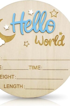 Baby Announcement Sign, 5.9 Inch Wooden Hello World Newborn Signs, Birth Announcement Sign and Pen, Moon and White Cloud Decoration, Welcome Newborn Arrival to World, Hospital Nursery for baby (Blue)