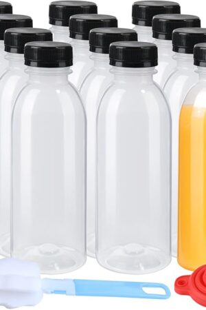 12 Pack 15oz(450ml) PP Heat-Resistant Plastic Juice Bottles With Caps-Plastic Smoothie Bottles-Reusable Bulk Beverage Containers with Lids For Juice, Beverage(Dishwasher Safe)