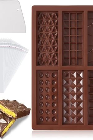 6-In-1 Chocolate Bar Mold with 100PCS Plastic Wrappers and Scraper, Food Grade Silicone Candy Bar Mold, DIY Rectangular Soft Non-Stick Chocolate Bar Molds Deep 0.6in, Brown