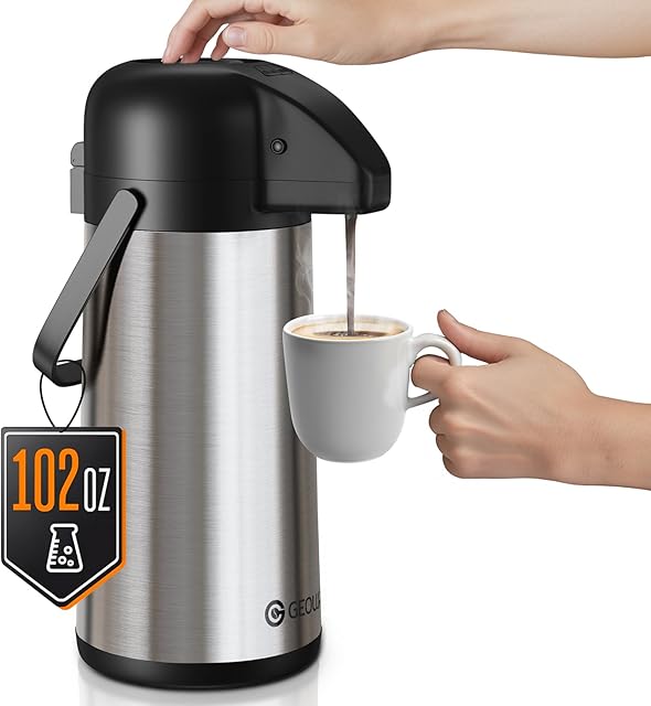 Airpot Coffee Carafe for Keeping Hot - 102 OZ/ 3L Large Coffee Dispenser with Pump - Insulated Stainless Steel Thermos Urn for Hot Drinks Water Tea Chocolate - Thermal Beverage Dispenser for Parties