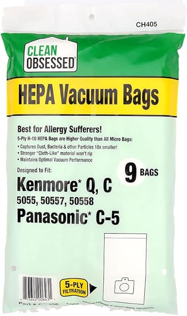 Clean Obsessed H-10 HEPA Bags Replacement For Kenmore Canister C/Q 50555, 50557, 50558 & Panasonic Type C-5 - (9 Bag Pack)