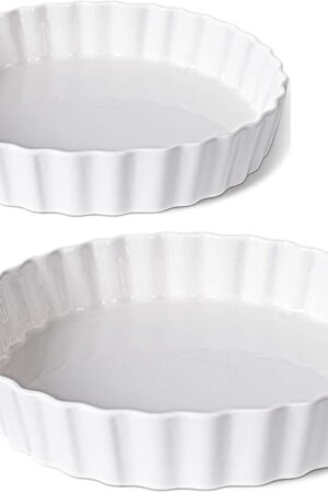 DELLING Set of 2 Tart Pans, 9.5 inch Quiche Pan, Ceramic Fluted Quiche Baking Dish/Pie Pan, Perfect for Baking Tart Pies and Chicken Pot Pie, Cheesecake, Creme Brulee, Round, White