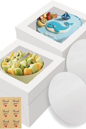 2 Pack Cake Boxes, 12x12x8 Inches Tall Cake Box with Cake Boards, White Bakery Boxes with Large Window, Disposable Cakes Transport Containers with Lids, for Cookies, Pies, Wedding, Birthday