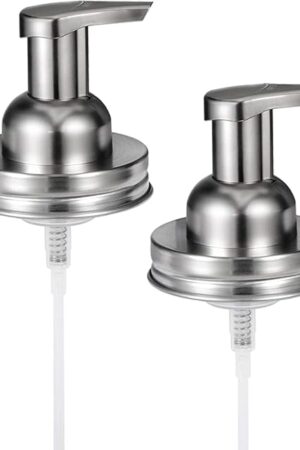 Amolliar Mason Jar Foaming Soap Dispenser Pump Lids, Rustproof Stainless Steel Lid Plastic Pump for Regular Mouth Mason Jar, Kitchen Bathroom Farmhouse Decor, Waterproof Stickers, Brushed Nickel 2Pack