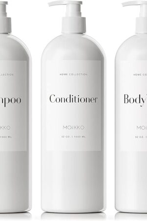32oz Refillable Shampoo and Conditioner Dispenser Bottles - Set of 3 Empty Shampoo Conditioner Body Wash Dispenser with 8 Waterproof Labels