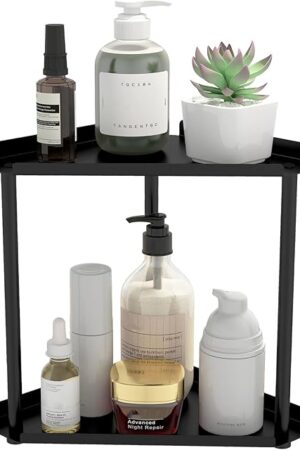 2 Tier Bathroom Counter Organizer, Vanity Organizer Corner Shelf, Skincare, Makeup Countertop Organizers, Kitchen, Bathroom Counter Storage, Black