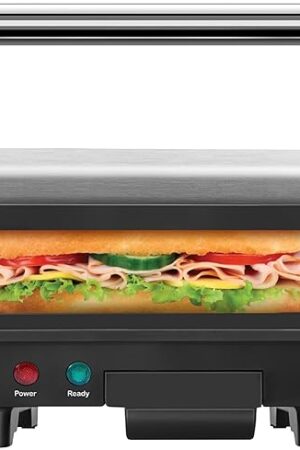 Chefman Electric Panini Press Grill and Gourmet Sandwich Maker w/ Non-Stick Coated Plates, Opens 180 Degrees to Fit Any Type or Size Food, Dishwasher Safe Removable Drip Tray, Stainless Steel/Black