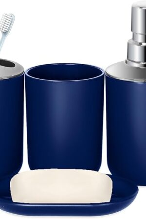 Blue Bathroom Accessories Set 4 PCS, Blue Bathroom Accessories, Plastic Soap Dispenser and Toothbrush Holder Set, Soap Dish and Mouthwash Cup, Boho Bathroom Decor, Bathroom Set