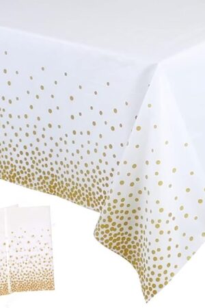2 Pack White and Gold Tablecloth Disposable Gold Tables Tablecloths for Rectangle 54" x 108" Plastic Tablecloth Party Table Covers for Birthday Thanksgiving Christmas Wedding Outdoor BBQ (White)
