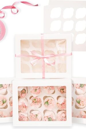 12 Cupcake Containers 20-Packs White Cupcake Box Cupcakes Carrier, 12 Cupcake Boxes with Window 13"x10"x3.5"（Auto-pop up）