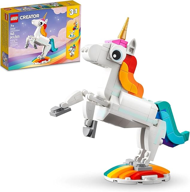 The Lego Creator 3 in 1 Magical Unicorn Toy, Transforms from Unicorn to Seahorse to Peacock, Rainbow Animal Figures, Unicorn Gift for Grandchildren, Girls and Boys, Buildable Toys, 31140