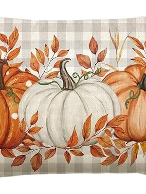 AVOIN colorlife Fall Pumpkin Plaid Throw Pillow Cover 12x20 Inch, Seasonal Autumn Leaves Thanksgiving Harvest Cushion Case Decoration for Sofa Couch