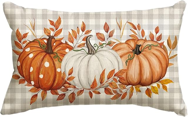 AVOIN colorlife Fall Pumpkin Plaid Throw Pillow Cover 12x20 Inch, Seasonal Autumn Leaves Thanksgiving Harvest Cushion Case Decoration for Sofa Couch