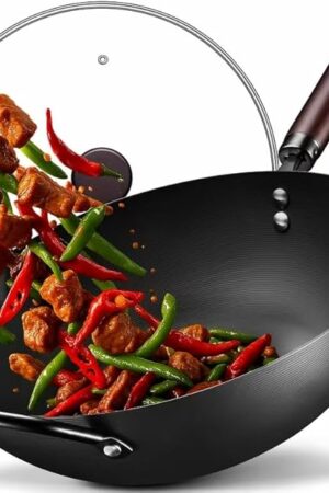 Wok, 13 Inch carbon steel woks & stir-fry pans nonstick, Pre-Seasoned 5.8QT Flat Bottom Chinese Wok Pan with lid, Carbon Steel Cookware, Compatible with All Cooktops