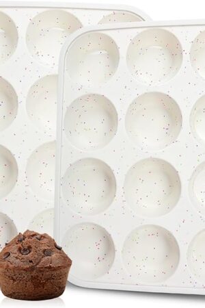 CAKETIME Silicone Muffin Pan, Metal Reinforced Frame Cupcake Pan 12 Cups Regular Size Easy to Move in or Out of Oven Non-Stick (2)