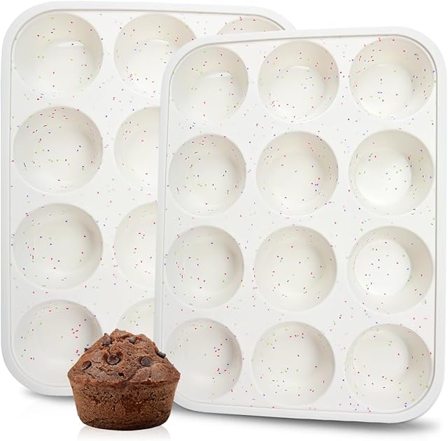CAKETIME Silicone Muffin Pan, Metal Reinforced Frame Cupcake Pan 12 Cups Regular Size Easy to Move in or Out of Oven Non-Stick (2)
