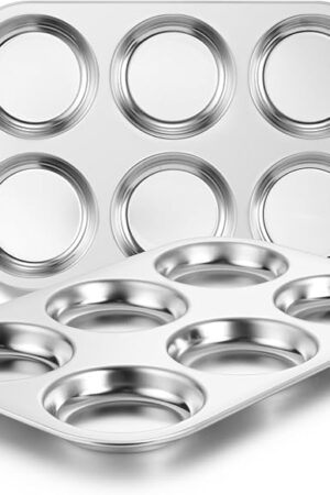 E-far Muffin Top Pan Set of 2, Stainless Steel 6-Cavity Shallow Cupcake Pan for Baking Whoopie Pie, Yorkshire Pudding, Eggs, Cornbread, Drop Cookies, Non-toxic & Standard Size, Oven & Dishwasher Safe