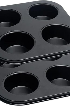 4 Cup Muffin Pan, Bakeware Non-stick Cupcake Baking Pan Mini Pie Pans, Air Fryer Small Oven Cupcake Baking Pan Non Stick No Toxic Bakeware, Heavy Duty Carbon Steel Muffin Tray for Oven Baking (2PCS)