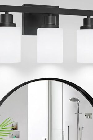 3-Light Bathroom Light Fixtures Over Mirror, Modern Matte Black Vanity Lights with White Frosted Glass Shade, Bathroom Wall Lamp Sconces for Mirror Bedroom, Living Room Hallway