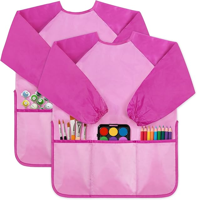 The 2 Pack Kids Art Painting Smocks, Craft Aprons for Toddlers– Long Sleeve Waterproof Toddler Painting Aprons with 3 Pockets for Children Ages 2-6