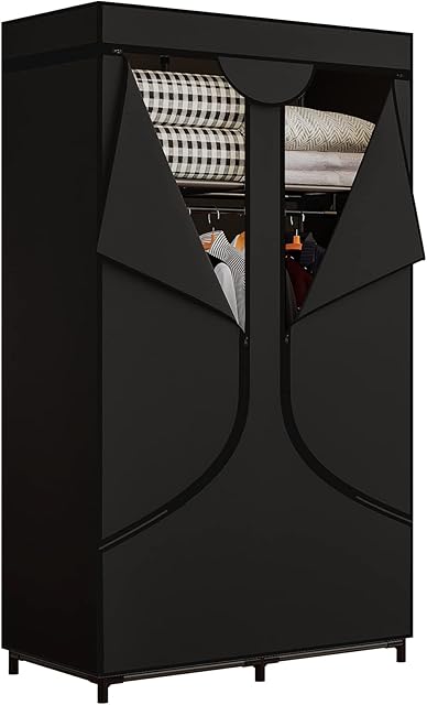 SORCEDAS Portable Wardrobe Closet Storage Organizer Metal Hanging Rack Non-Woven Fabric 34 Inch Black