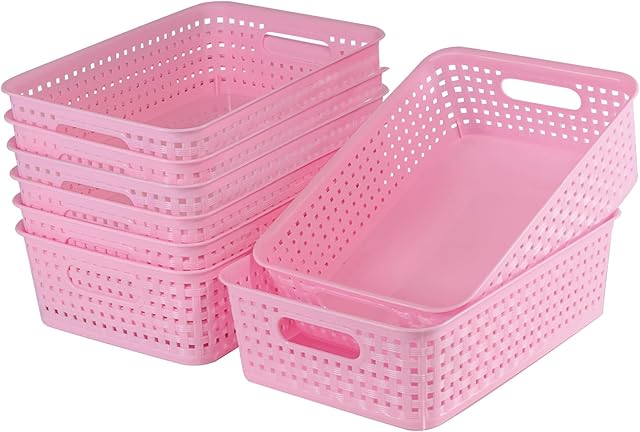 8 Pack Small Pantry Organization and Storage Bins - Household Organizers for Laundry Room, Bathrooms, Bedrooms, Kitchens, Cabinets, Countertops, Under Sink or On Shelves (Pink)
