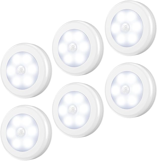 AMIR Upgraded 3.15? Motion Sensor Light Indoor, Cordless Battery Powered Stick on LED Night Lights for Closet, Stair, Under Cabinet, Hallway, Kitchen (White - Pack of 6)