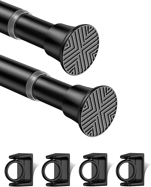 2Pack Tension Rod 24-48Inch Black Curtain Rods for Windows Spring Adjustable Curtain Rods no Drilling Tension Curtain Rods for Window,Doorway,Closets