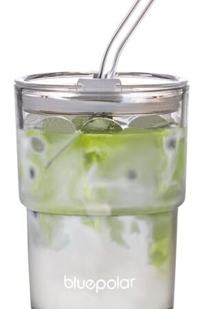 BLUEPOLAR 13oz/400ml Glass Water Tumbler with Straw and Lid Sealed Carry On Thick Wall Iced Coffee Cup Glass Cup for Water, Iced Tea Fruit Juice Etc(Aurora White