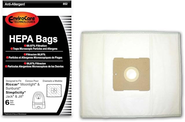 EnviroCare Replacement HEPA Filtration Vacuum Cleaner Dust Bags made to fit Riccar Moonlight and Sunburst. Simplicity Jack and Jill Canisters 6 pack