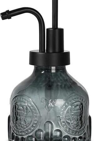 Black Soap Dispenser, Small Hand Soap Dispenser Bathroom, Glass Liquid Soap and Lotion Bottle with Pump, 7 fl oz Refillable Dish Dispenser for Kitchen, Gothic Vintage Goth Home Bathroom Decor