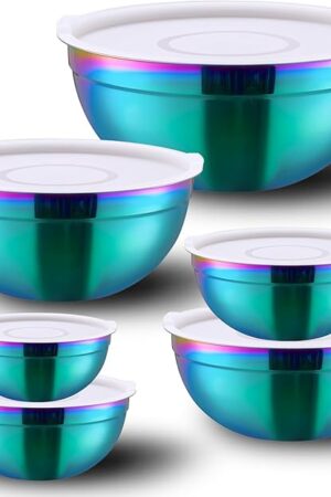 6-Piece Rainbow Stainless Steel Baking & Mixing Bowls Set, Cereal, Dessert, Rice, Fruit & Dipping Bowls, Deep Soup Bowl, Airtight Lid