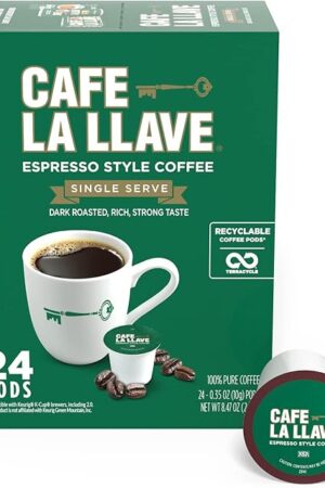 Cafe La Llave Espresso-Style Dark Roast Coffee Pods for Keurig K-Cup Brewers - Bold, Rich Flavor - 24 Count Single Serve Recyclable Capsules - Premium Arabica Beans - Family Crafted