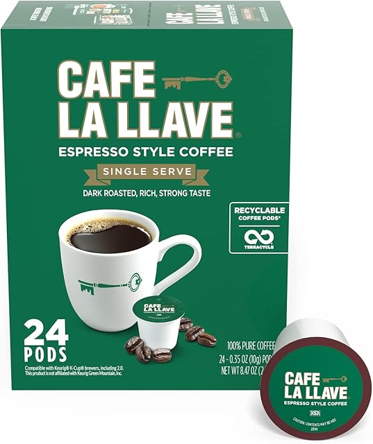 Cafe La Llave Espresso-Style Dark Roast Coffee Pods for Keurig K-Cup Brewers - Bold, Rich Flavor - 24 Count Single Serve Recyclable Capsules - Premium Arabica Beans - Family Crafted