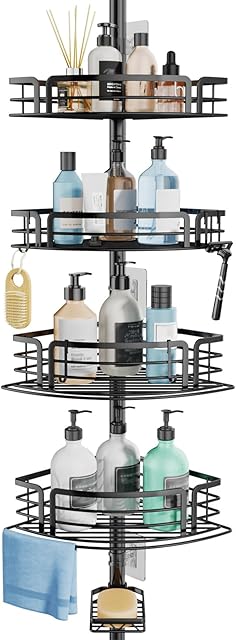 Consumest Corner Shower Caddy Tension Pole Corner Shelf 27.6-108.3 inch Black