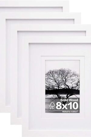 Egofine 8x10 Picture Frames Set of 4, Made of Solid Wood Covered by Plexiglass 4x6 and 5x7 with Mat or 8x10 without Mat, for Table Top Display and Wall Mounting Photo Frame White