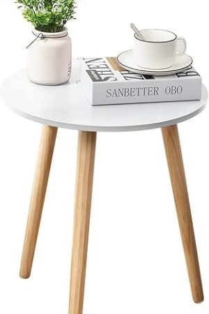 Apicizon Round Side Table, White Bedside Table Coffee End Table for Bedroom, Living Room, Small Spaces, Easy Assembly Nightstands with Natural Wood Legs, 16.5 x 20.5 Inches