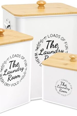 3 Pack Metal Laundry Pods Container & Dryer Sheet Holder Set, Farmhouse Laundry Room Organization and Storage Decor, Jars with Lids, Scoops & Labels for Detergent, Powder, Beads, Scent Booster