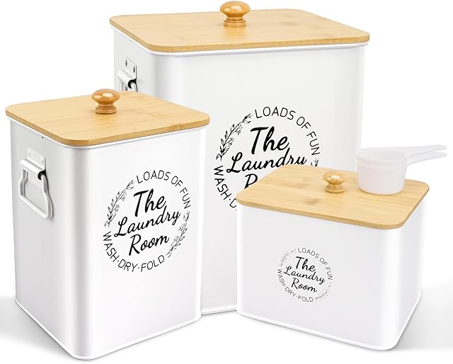 3 Pack Metal Laundry Pods Container & Dryer Sheet Holder Set, Farmhouse Laundry Room Organization and Storage Decor, Jars with Lids, Scoops & Labels for Detergent, Powder, Beads, Scent Booster