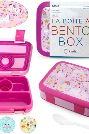 Bento Lunch Box Kids Toddlers: Leakproof Lunch Containers for Boys & Girls with 4 Compartments - School, Daycare, Pre-School, Snack Container with Lid Utensil, BPA-Free Boxes, Age 3+, Pink Unicorn