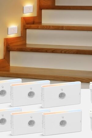 wowatt Rechargeable Motion Sensor Stair Light, White Night Lights with Magnetic Mount, Dimmable Stair Lights Indoor for Stairway, Hallway, Kitchen, Bathroom(6 Packs)