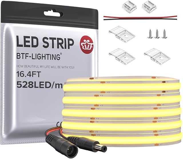 BTF-LIGHTING FCOB COB LED Strip 528LED/m Flexible High Density Uniform Light 14W/m 16.4FT DC24V Warm White 3000K CRI 90+ 10mm Width for Home Indoor Decoration(No Adapter or Controller)