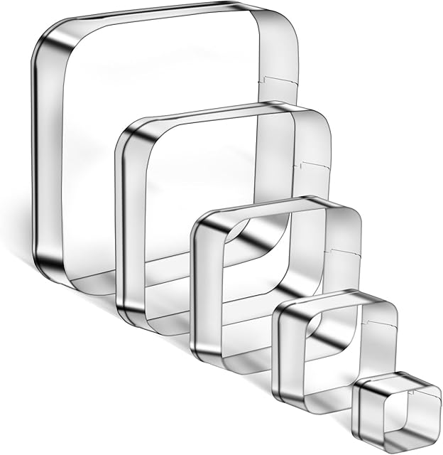 5PCS Rounded Square Cookie Cutter Stainless Steel Square Cookie Mold Biscuit Molds Pastry Molds Fondant Cutter Set (5 Inch 4 Inch 3 Inch 2 Inch 1 Inch)