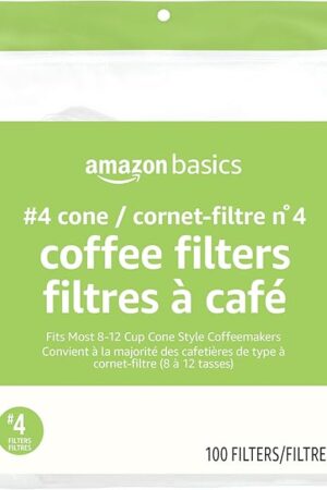 Amazon Basics Number 4 Cone Coffee Filters for 8-12 Cup Coffee Makers, White, 100 Count