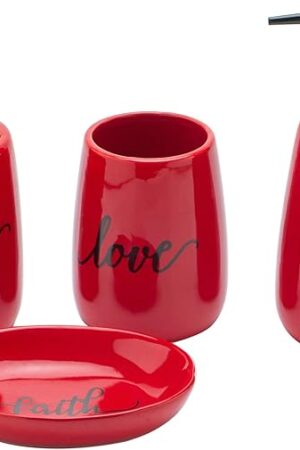 Bathroom accesory Set, Ceramic, 4pc,Toothbrush Holder soap Dispenser soap Dish Tumble Cup for Bathroom Decor and Gift (Navy) (RED)